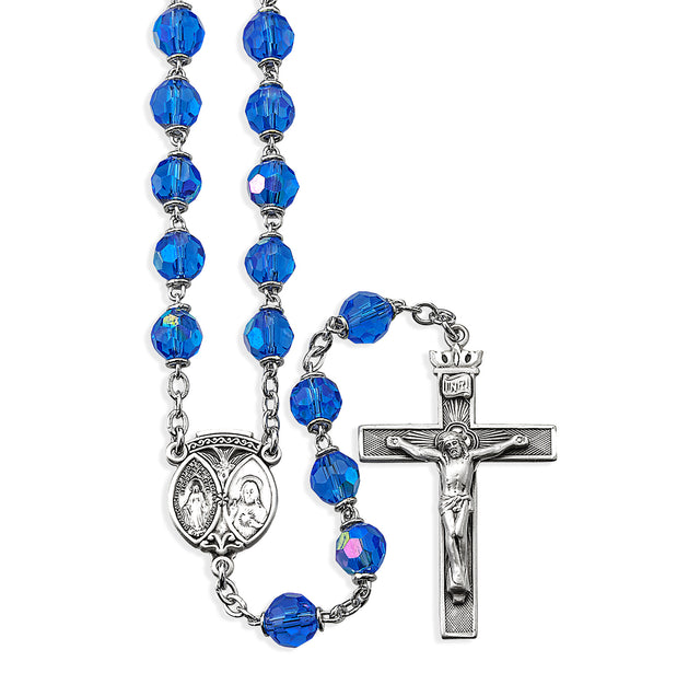 7mm Light Sapphire Crystal Czech Aurora Bead Rosary, Sterling Silver Crucifix and Center
