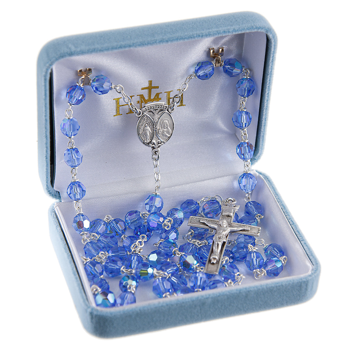 7mm Light Sapphire Crystal Czech Aurora Bead Rosary, Sterling Silver Crucifix and Center