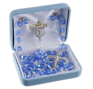 7mm Light Sapphire Crystal Czech Aurora Bead Rosary, Sterling Silver Crucifix and Center