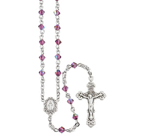 4mm Amethyst Swarovski Crystal Bi-Cone Bead Rosary, Sterling Silver Crucifix and Center