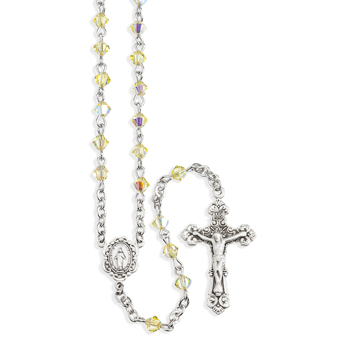 4mm Jonquil Swarovski Crystal Bi-Cone Bead Rosary, Sterling Silver Crucifix and Center