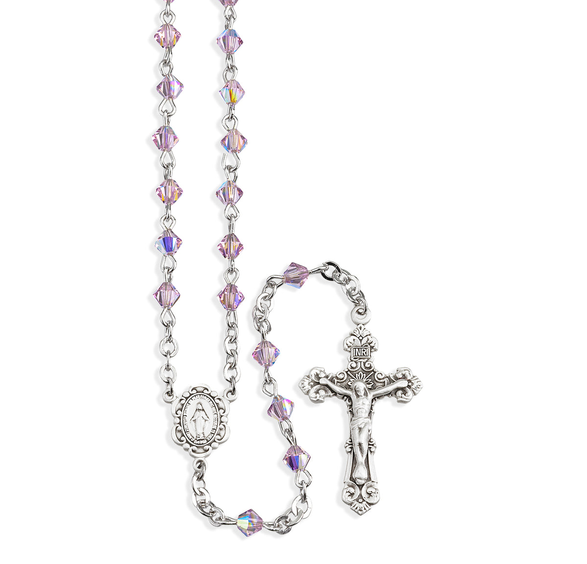 4mm Light Amethyst Swarovski Crystal Bi-Cone Bead Rosary, Sterling Silver Crucifix and Center