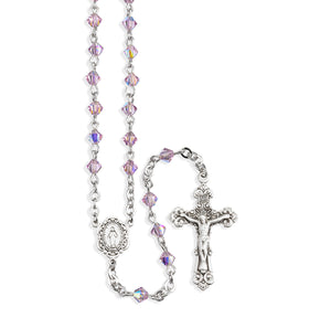 4mm Light Amethyst Swarovski Crystal Bi-Cone Bead Rosary, Sterling Silver Crucifix and Center