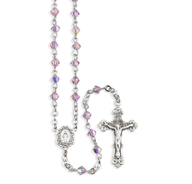 4mm Light Amethyst Swarovski Crystal Bi-Cone Bead Rosary, Sterling Silver Crucifix and Center
