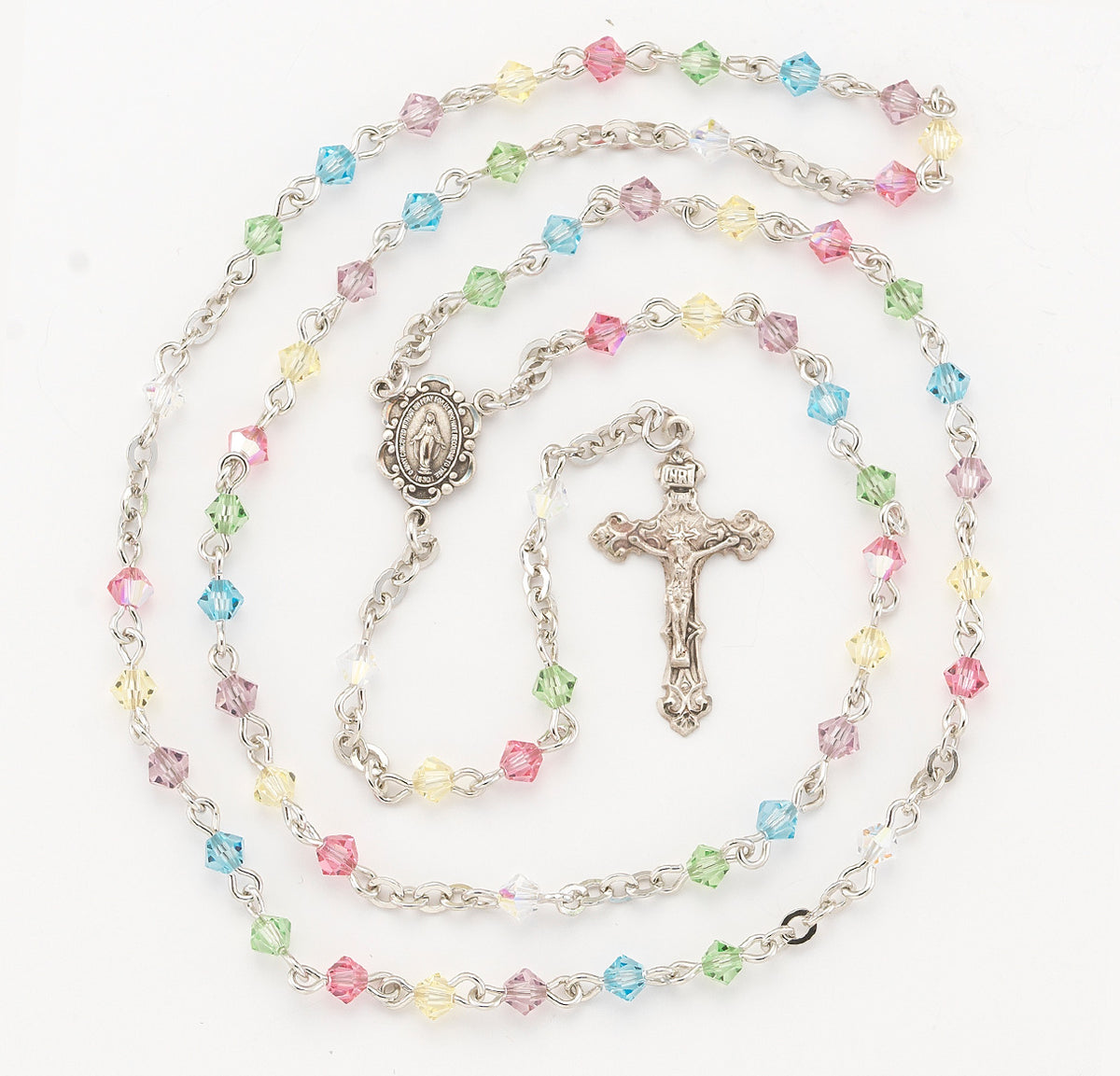 4mm Multi-Color Swarovski Crystal Bi-Cone Bead Rosary, Sterling Silver Crucifix and Center