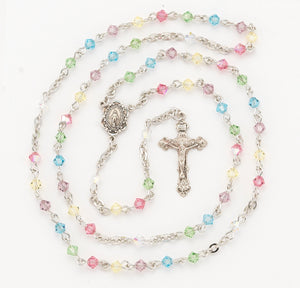 4mm Multi-Color Swarovski Crystal Bi-Cone Bead Rosary, Sterling Silver Crucifix and Center