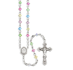 4mm Multi-Color Swarovski Crystal Bi-Cone Bead Rosary, Sterling Silver Crucifix and Center