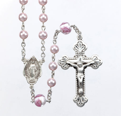 6mm Pink Swarovski Crystal Pearl Rosary, Sterling Silver Crucifix and Center
