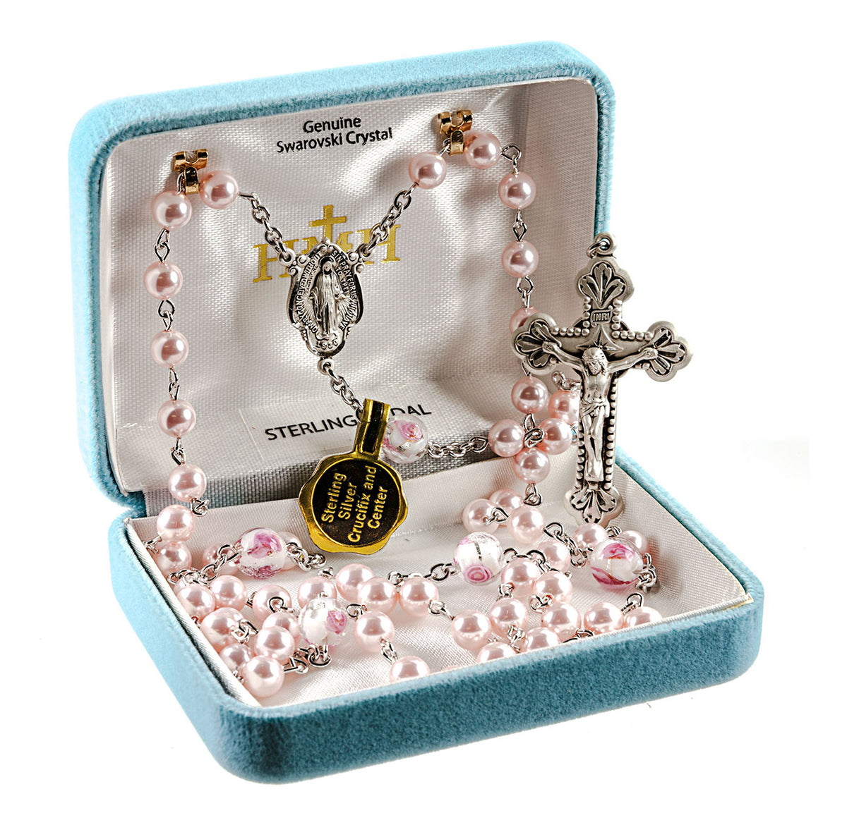 6mm Pink Swarovski Crystal Pearl Rosary, Sterling Silver Crucifix and Center
