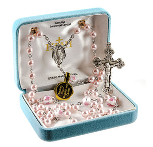 6mm Pink Swarovski Crystal Pearl Rosary, Sterling Silver Crucifix and Center