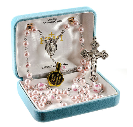 6mm Pink Swarovski Crystal Pearl Rosary, Sterling Silver Crucifix and Center