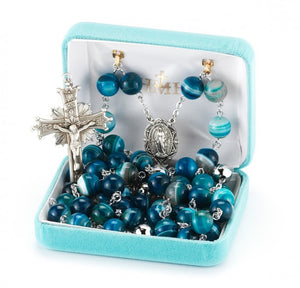 Blue Agate Rosary 10mm Sterling Silver - Handmade Heirloom Quality Catholic Prayer Beads