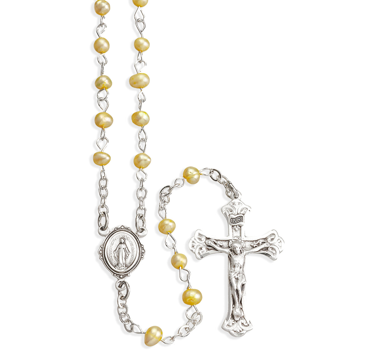 Gold Freshwater Pearl Rosary, Sterling Silver Crucifix and Center