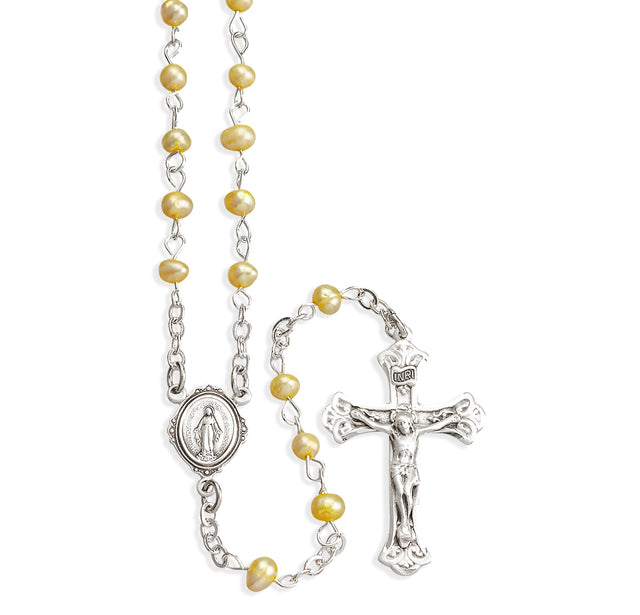 Gold Freshwater Pearl Rosary, Sterling Silver Crucifix and Center