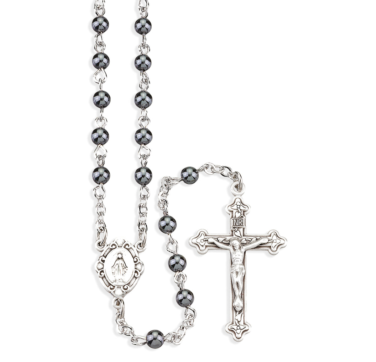 Genuine Hematite Rosary, Sterling Silver Crucifix and Center