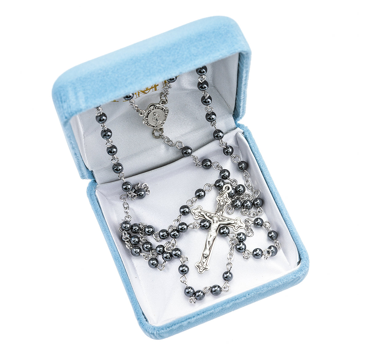 Genuine Hematite Rosary, Sterling Silver Crucifix and Center