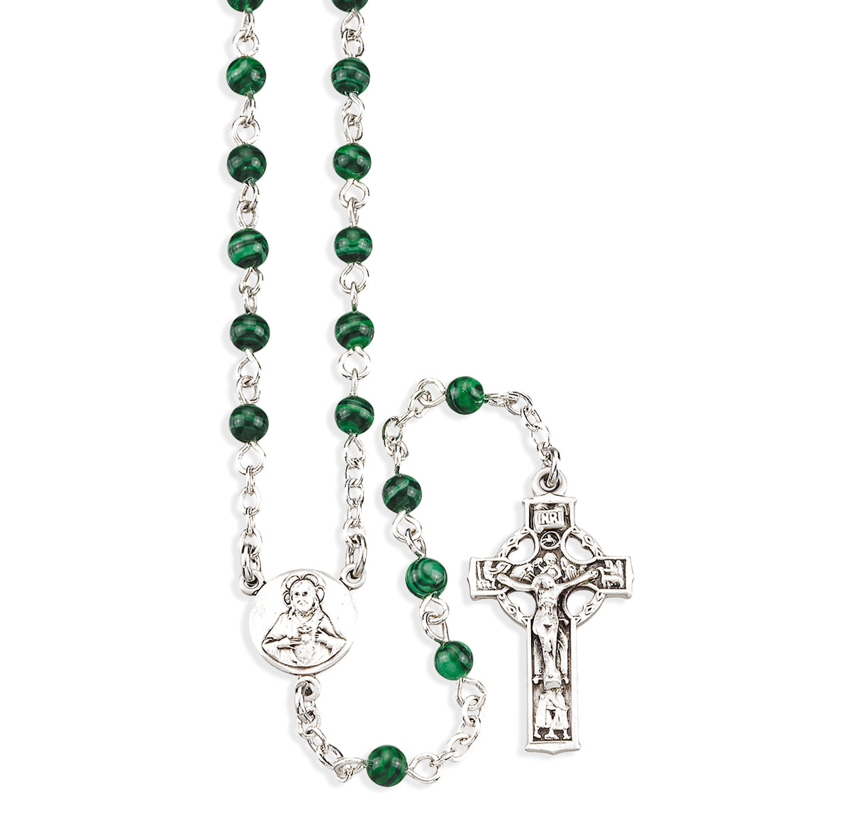 Genuine Malachite Rosary, Sterling Silver Crucifix and Center