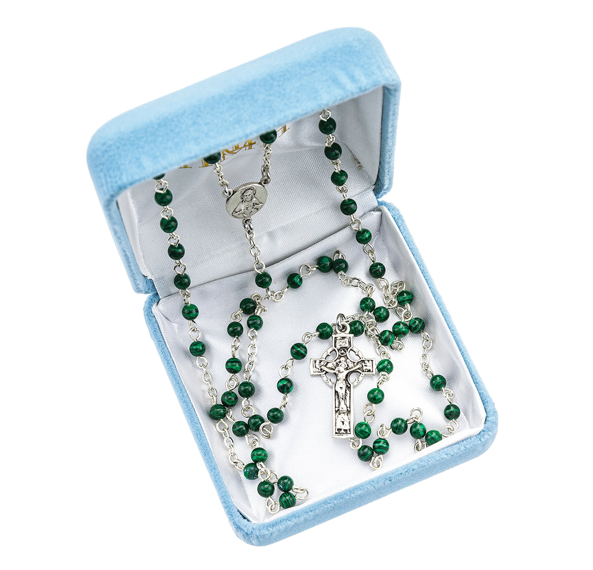 Genuine Malachite Rosary, Sterling Silver Crucifix and Center