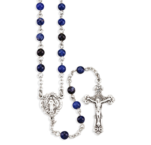 Genuine Sodalite Stone Rosary, Sterling Silver Crucifix and Center