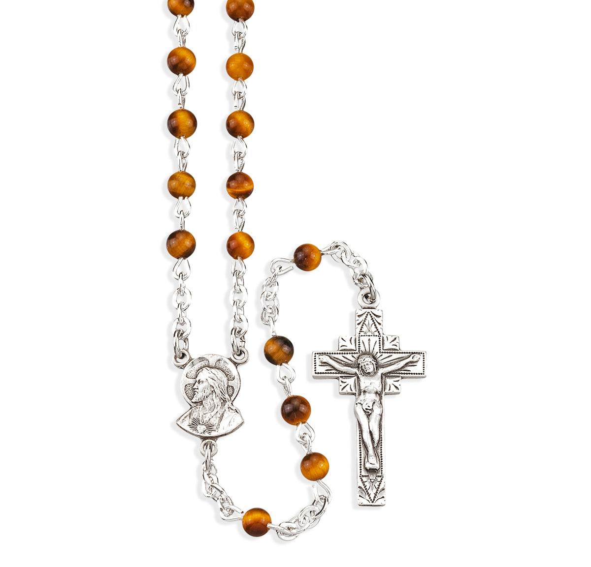 Genuine Tiger Eye Rosary, Sterling Silver Crucifix and Center