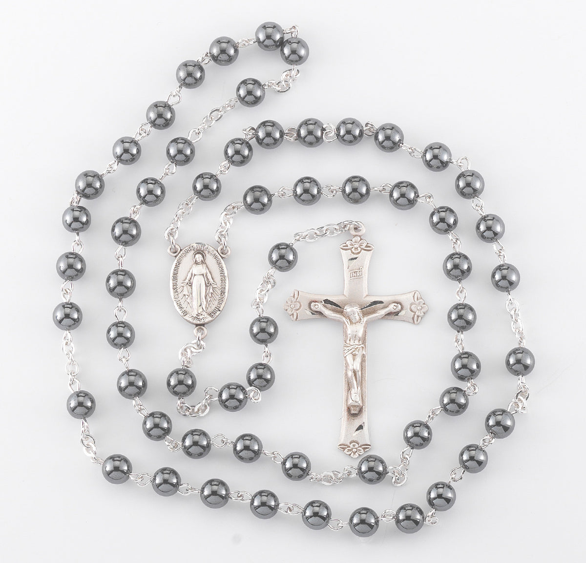 6mm Round Genuine Hematite Bead Rosary, Sterling Silver Crucifix and Center
