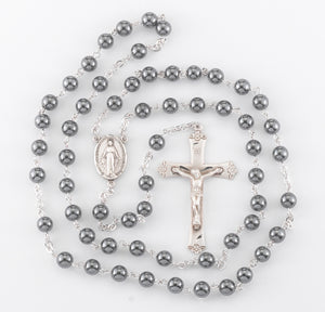6mm Round Genuine Hematite Bead Rosary, Sterling Silver Crucifix and Center