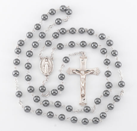 6mm Round Genuine Hematite Bead Rosary, Sterling Silver Crucifix and Center