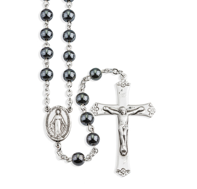 6mm Round Genuine Hematite Bead Rosary, Sterling Silver Crucifix and Center