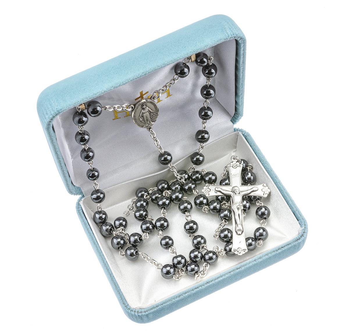 6mm Round Genuine Hematite Bead Rosary, Sterling Silver Crucifix and Center