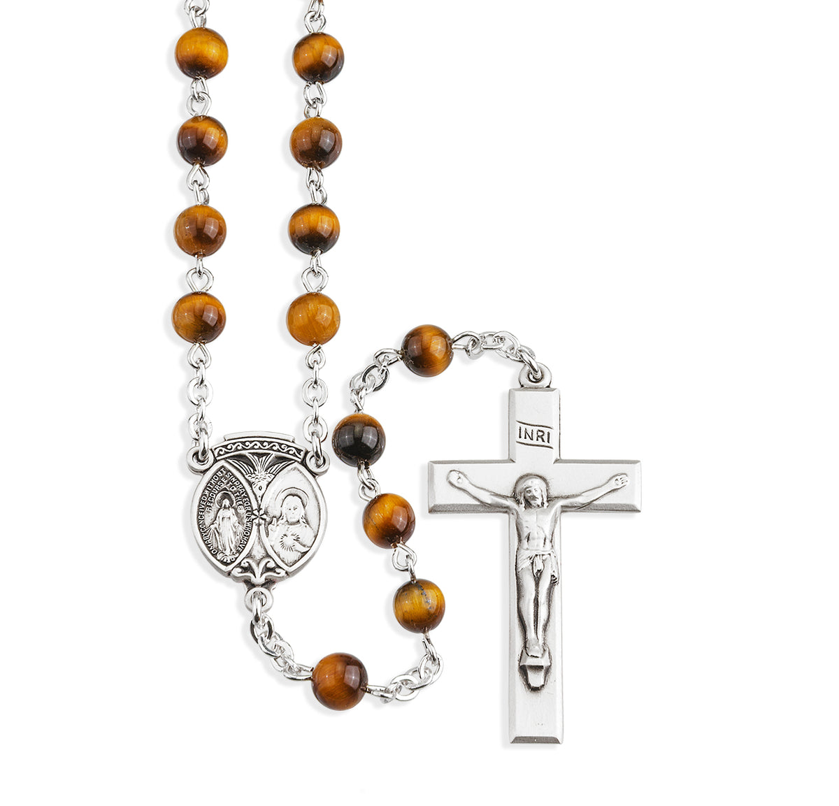6mm Round Genuine Tiger Eye Bead Rosary, Sterling Silver Crucifix and Center