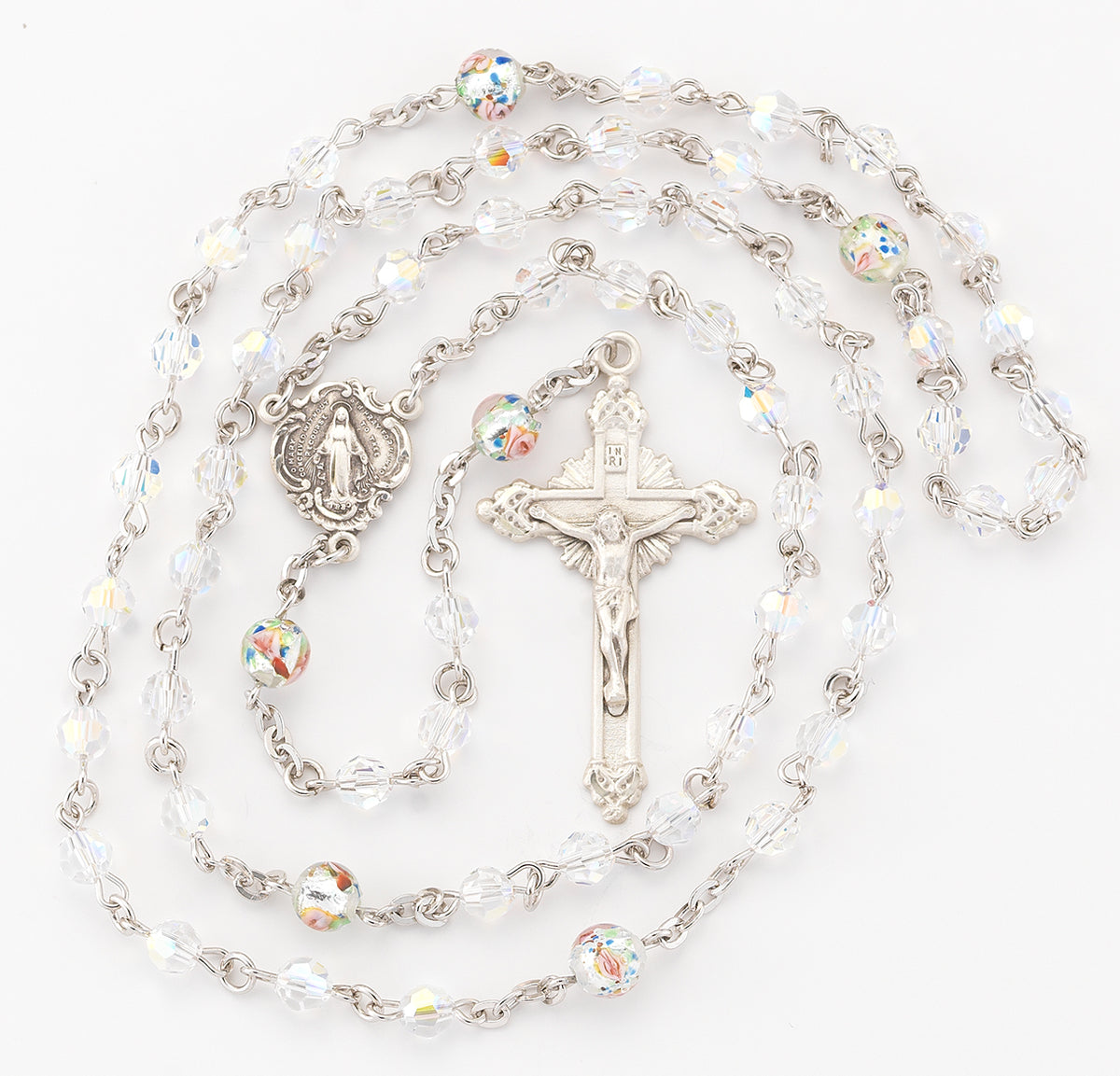 5mm Aurora Borealis Swarovski Crystal Rosary, Sterling Silver Crucifix and Center