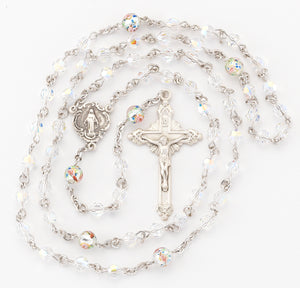 5mm Aurora Borealis Swarovski Crystal Rosary, Sterling Silver Crucifix and Center