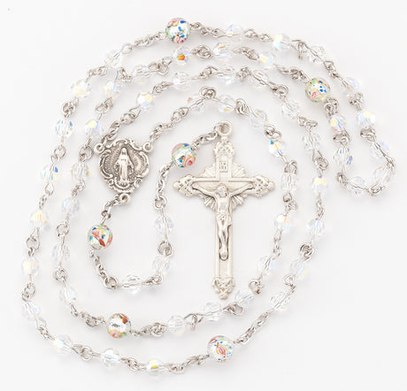 5mm Aurora Borealis Swarovski Crystal Rosary, Sterling Silver Crucifix and Center