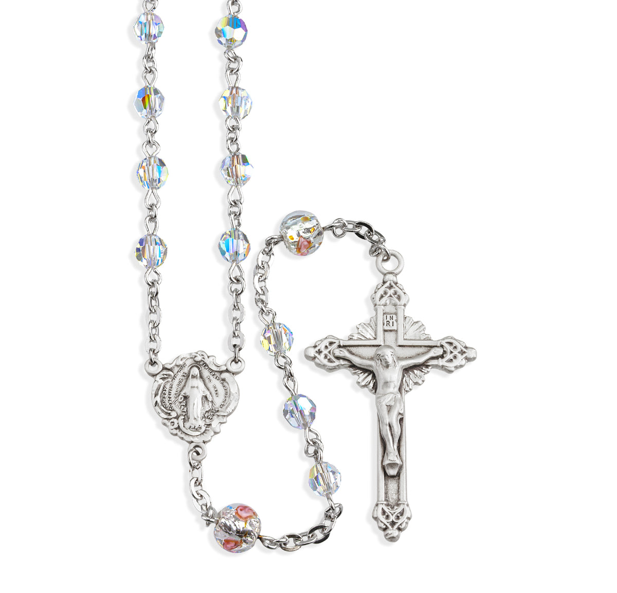 5mm Aurora Borealis Swarovski Crystal Rosary, Sterling Silver Crucifix and Center