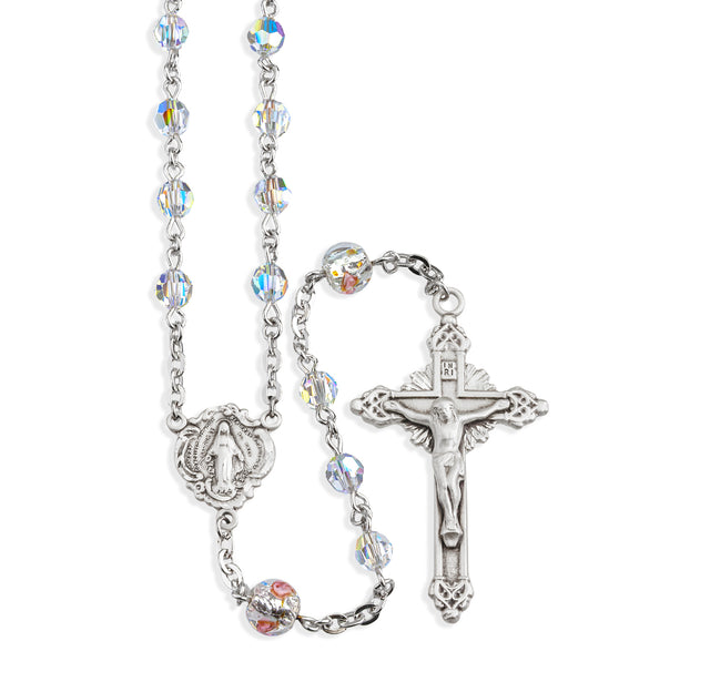 5mm Aurora Borealis Swarovski Crystal Rosary, Sterling Silver Crucifix and Center