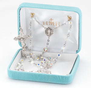 5mm Aurora Borealis Swarovski Crystal Rosary, Sterling Silver Crucifix and Center