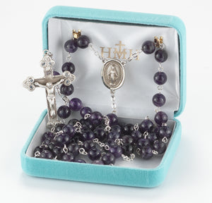 8mm Round Genuine Amethyst Bead Rosary, Sterling Silver Crucifix and Center