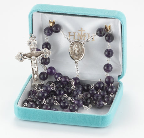 8mm Round Genuine Amethyst Bead Rosary, Sterling Silver Crucifix and Center