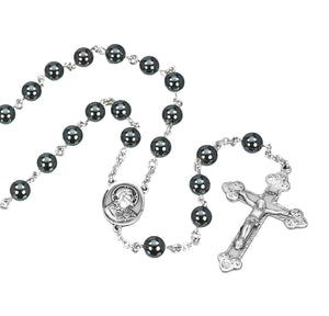 8mm Genuine Hematite Rosary, Sterling Silver Crucifix and Center