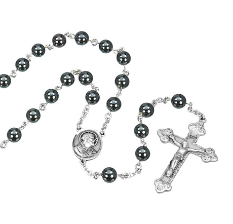 8mm Genuine Hematite Rosary, Sterling Silver Crucifix and Center