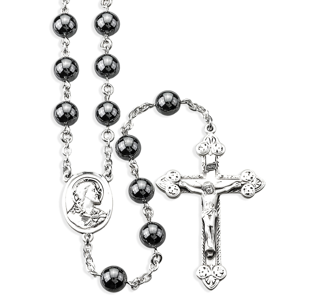 8mm Genuine Hematite Rosary, Sterling Silver Crucifix and Center