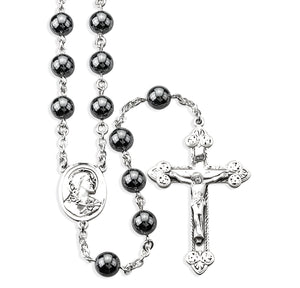 8mm Genuine Hematite Rosary, Sterling Silver Crucifix and Center