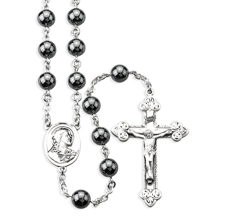 8mm Genuine Hematite Rosary, Sterling Silver Crucifix and Center