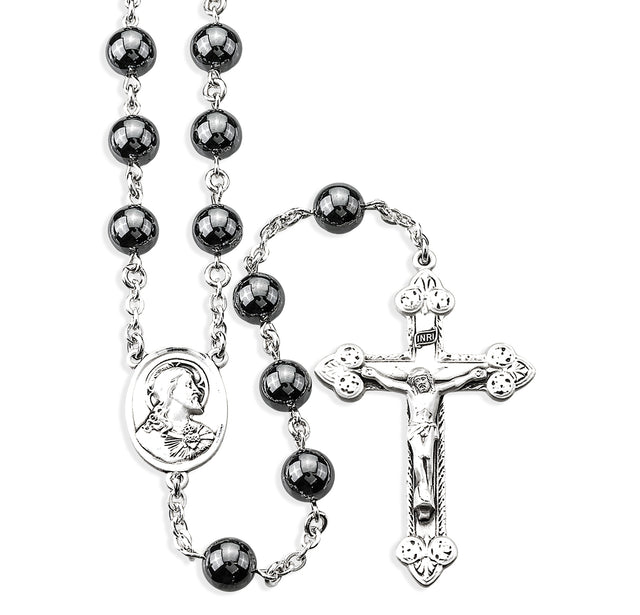 8mm Genuine Hematite Rosary, Sterling Silver Crucifix and Center