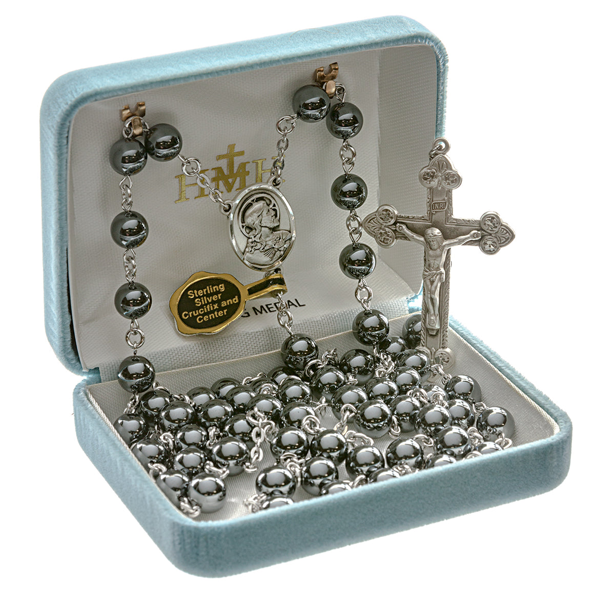8mm Genuine Hematite Rosary, Sterling Silver Crucifix and Center