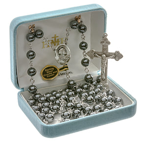 8mm Genuine Hematite Rosary, Sterling Silver Crucifix and Center