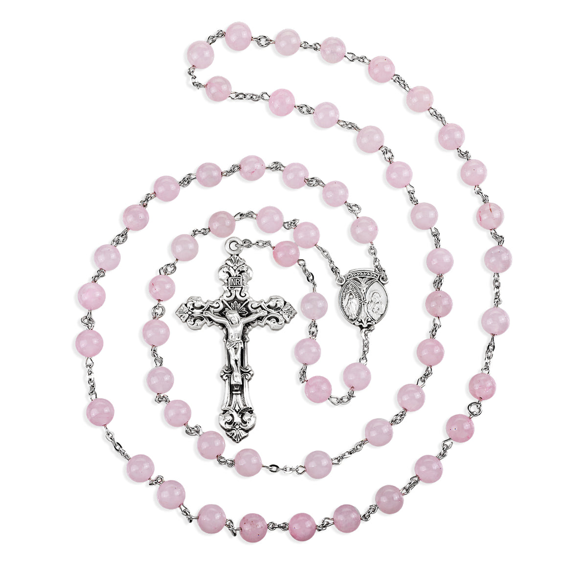 8mm Round Genuine Rose Quartz Bead Rosary, Sterling Silver Crucifix and Center