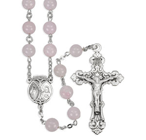 8mm Round Genuine Rose Quartz Bead Rosary, Sterling Silver Crucifix and Center