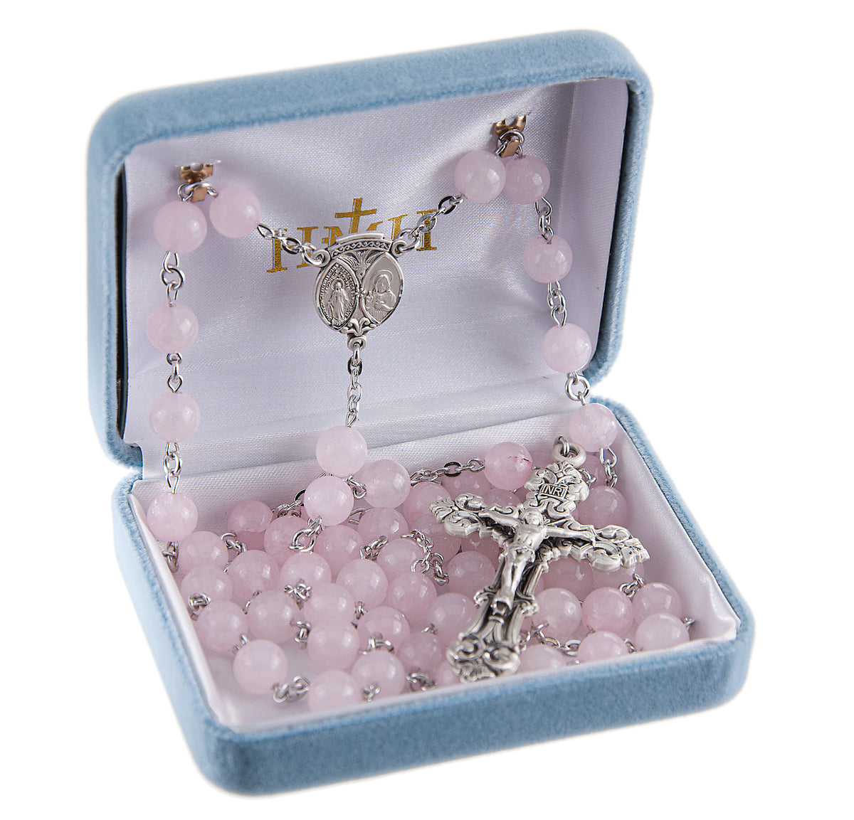 8mm Round Genuine Rose Quartz Bead Rosary, Sterling Silver Crucifix and Center