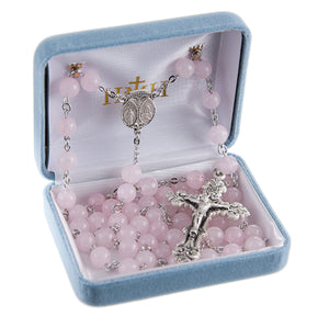 8mm Round Genuine Rose Quartz Bead Rosary, Sterling Silver Crucifix and Center